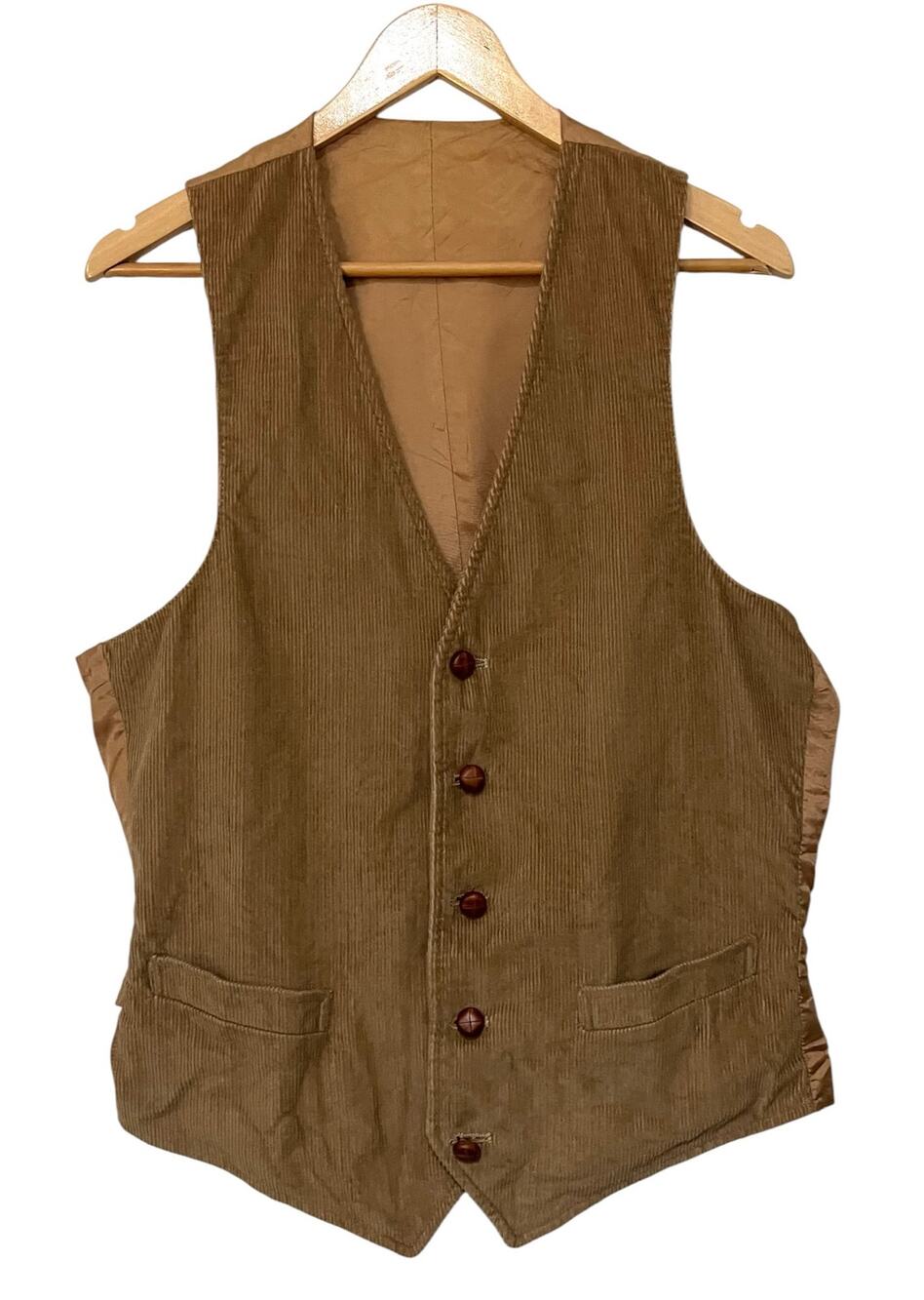Men’s Vintage Corduroy Vest Tan Leather Buttons Front Pockets Classic Sz 42